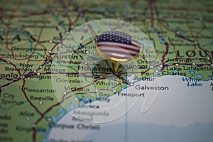 Houston pinned on a map with the USA flag