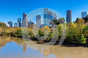 Houston skyline in Buffalo Bayou Park, Houston, Texas photo