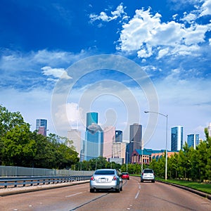 Houston skyline from Buffalo Bayou Pkwy Texas US