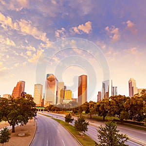 Houston skyline sunset from Allen Pkwy Texas US