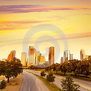 Houston skyline sunset from Allen Pkwy Texas US photo