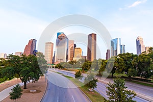 Houston skyline sunset from Allen Pkwy Texas US