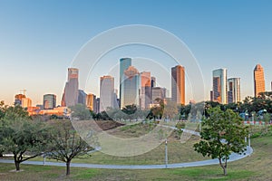 Houston, Texas downtown at sunset.