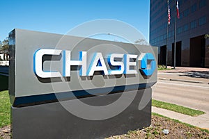 JPMorgan Chase Bank stand with flags, Houston, Texas