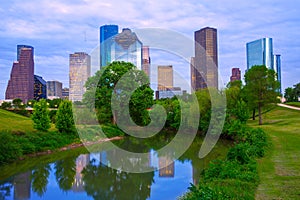 Houston Texas modern skyline from park river photo