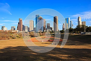 Houston Texas Skyline with modern skyscrapers and blue sky view