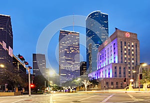 Houston Texas Skyline with modern skyscrapers and blue sky view from park river US