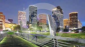 Houston Texas Skyline with modern skyscrapers and blue sky view from park river US