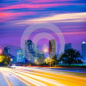 Houston Texas skyline at sunset with traffic lights