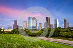 Houston Texas skyline at sunset twilight from park lawn