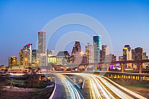 Houston, Texas, USA downtown city skyline and highway