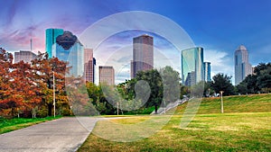 Houston, Texas, USA downtown park and skyline at twilight