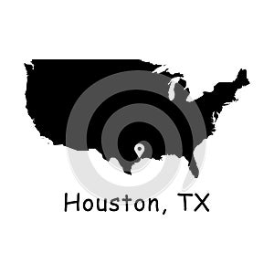 Houston TX on USA Map. Detailed America Country Map with Location Pin on Houston Texas. Black silhouette vector maps isolated on w