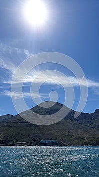 Hout bay landscape panorama view on boat going out o seal island Cape Town, South Africa attraction