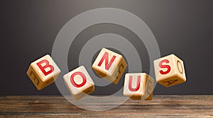 Hover blocks with letters make word BONUS. Receive rewards and preferences. Salary increase, wage premium for holidays. Rising at