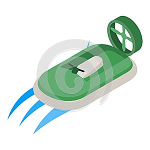 Hover craft icon isometric vector. New modern green hovercraft on water icon