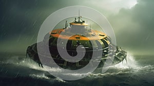 Hovercraft In A Storm Ocean. Generative AI