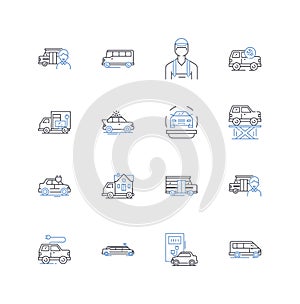 Hovercraft and transportation line icons collection. Glide, Vessel, Airborne, Seafaring, Automotive, Rubber, Airfoil photo