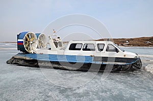 Hovercraft, vessel for for movement on the ice, on the dock in Large Goloustnoye Village