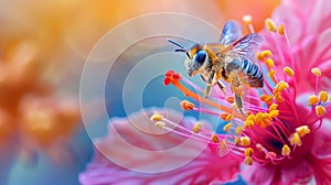 Hoverfly in flight with vibrant flower, photorealistic details, realistic textures, high res