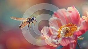 Hoverfly in midflight with vibrant flower, macro perspective, realistic textures, ultra high res photo