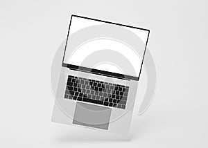 Hovering aluminium flying laptop with blank screen new design on grey background, modern computer monitor closeup flying