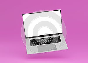 Hovering aluminium flying laptop with blank screen new design on violet background, modern computer