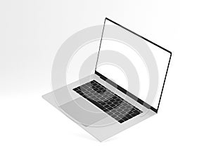Hovering aluminium flying laptop with blank screen new design on a white background, modern computer monitor closeup