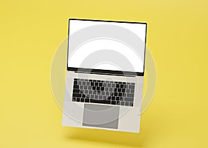 Hovering aluminium flying laptop with blank screen new design on yellow background, modern computer