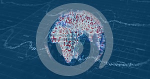 Hovering 3D datapoint globe over grid plane, showing semi-transparent line graphs and axis markings