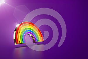 Hovering rainbow symbol  on purple background. LGBT equal rights movement and gender equality concept. Copy space on the