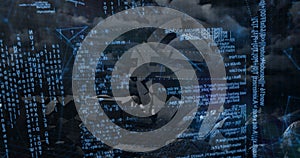 Hovering stylized helmet icon over grid floor under cloudy sky, with code streams and network nodes