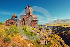 Hovhannavank monastery on the edge of a scenic Kasakh gorge and canyon. Tourist and religious destinations and