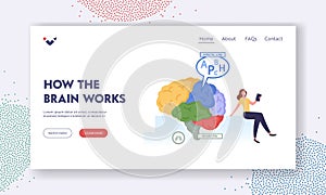 How the Brain Works Landing Page Template. Tiny Female Character with Book at Huge Human Brain Separated on Parts