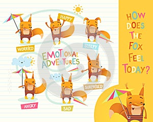 How does the fox feel today Cute cartoon animal with different mood expressions. Educational game for children. Learning