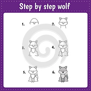 How draw a wolf. Drawing tutorial for kids. Step by step repeats the picture. Kids activity art page