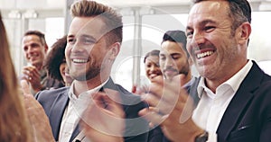 How fantastic. 4k video footage of businesspeople applauding while attending a conference.