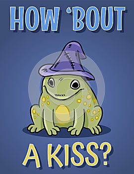 How about a kiss postcard. Cute frog with witch hat. Magic toad illustration funny poster