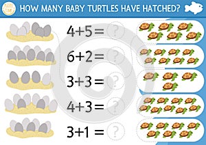 How many baby turtles have hatched game. Under the sea math addition activity for preschool children. Simple ocean life printable