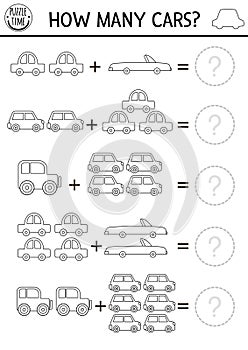 How many cars black and white game. Transportation line math addition activity for preschool children. Simple line transport