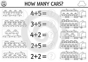 How many cars black and white game. Transportation math addition activity for preschool children. Line transport printable