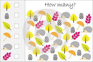 How many counting game with autumn pictures for kids, educational maths task for the development of logical thinking, preschool wo