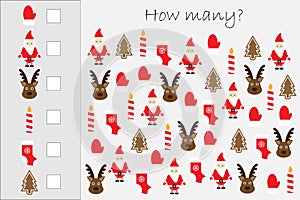 How many counting game with christmas pictures for kids, educational maths task for the development of logical thinking, preschool