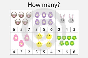 How many counting game with easter pictures for kids, educational maths task for the development of logical thinking, preschool