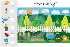 How many counting game with garden picture for kids, educational maths task for the development of logical thinking, preschool