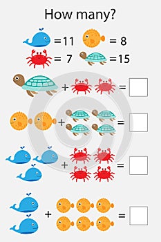 How many counting game with ocean animals for kids, educational maths task for the development of logical thinking, preschool
