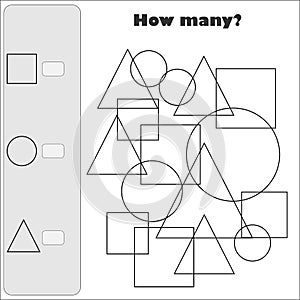 How many counting game with simple geometric shapes for kids, educational maths task for the development of logical photo