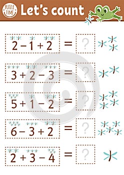 How many dragonflies game with cute insects and frog. Summer forest math addition activity for preschool children. Printable
