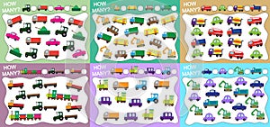 How many objects transport counted? Set of educational games for kids 6 in 1. Vector illustration