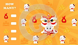 How many puzzle printable worksheet for kids with lucky cat and rabbit dancing lion dance on orange background